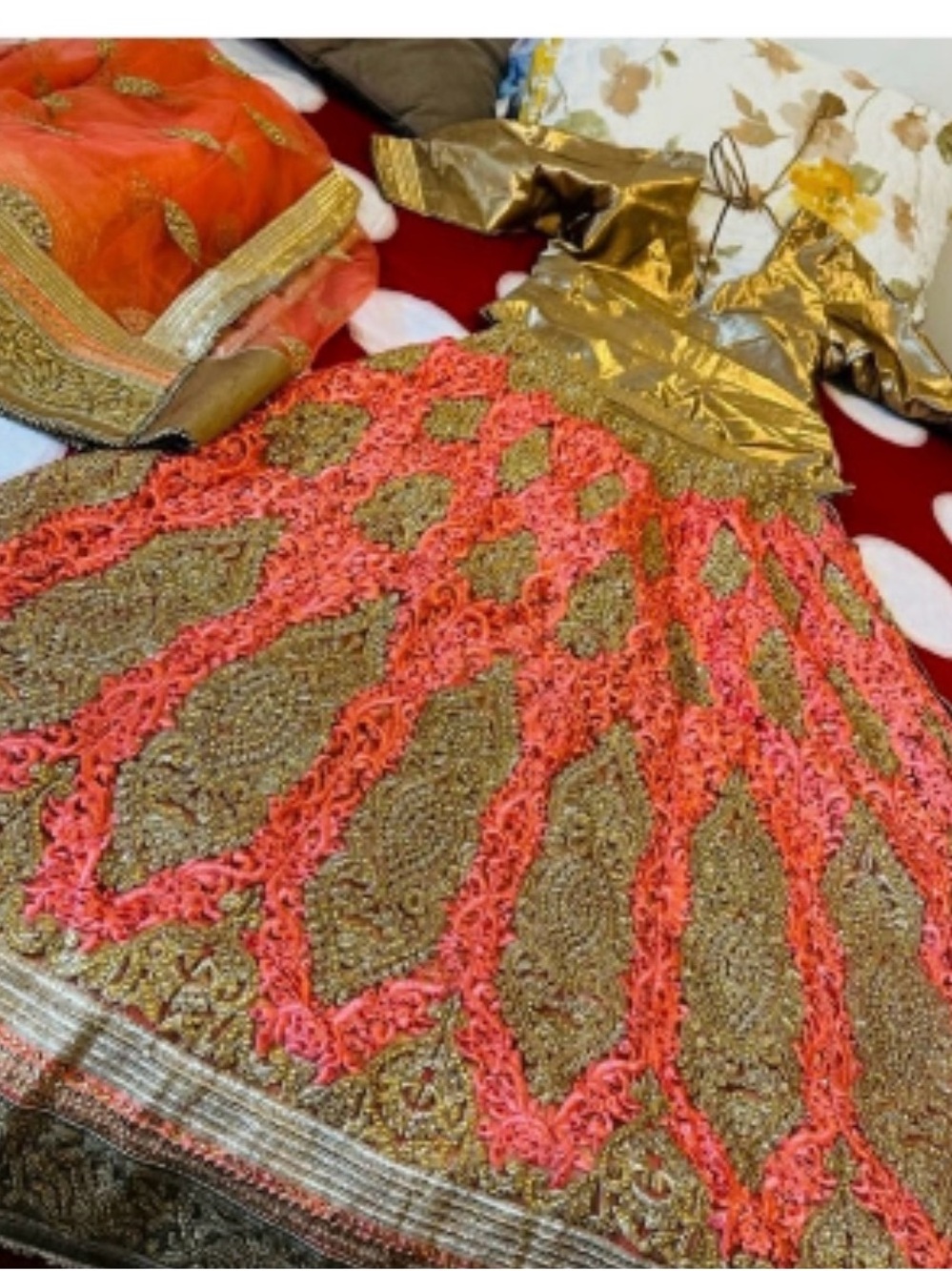 Ornate Gold and Coral Embroidered Lehenga wedding party Lehenga set